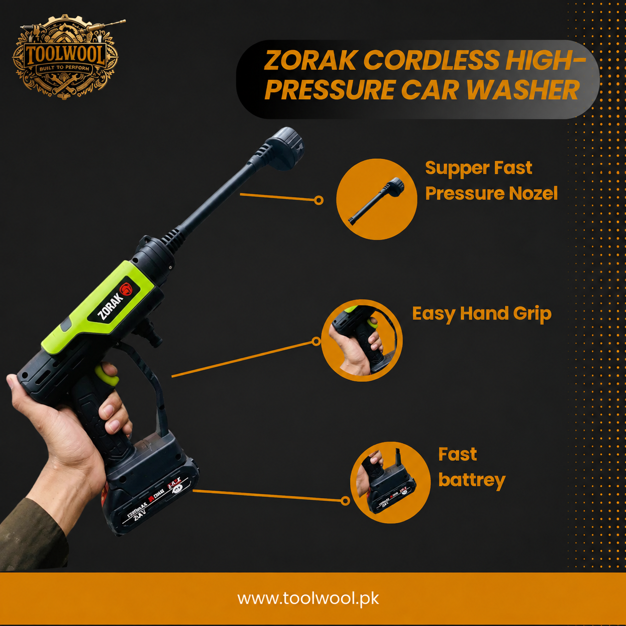 ZORAK Cordless High-Pressure Car Washer – 2 Batteries | Foam Cannon | Portable Jet Cleaning Kit