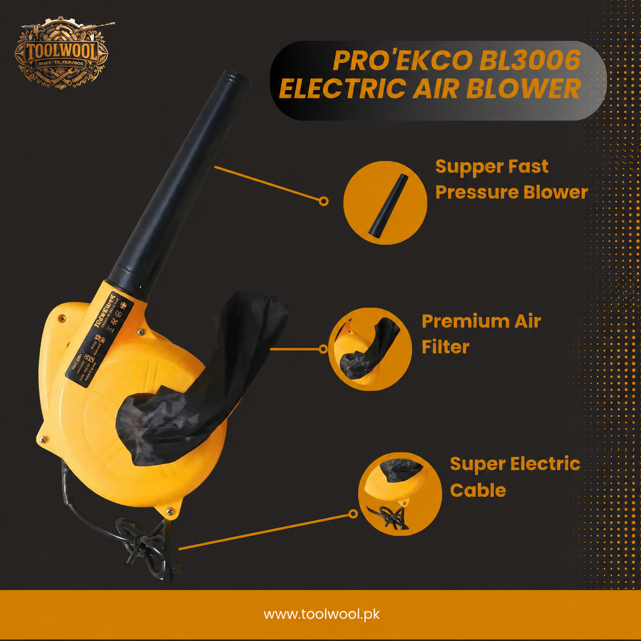 Pro'EKCO BL3006 Electric Air Blower  - 300W Copper Motor at 13,000 RPM | Ideal Dust Cleaner for Workshop